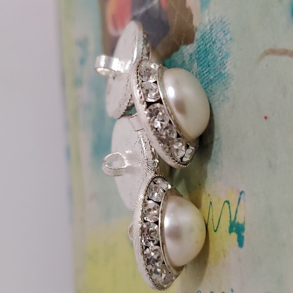 Set of 4 Faux pearl clear brilliant rhinestones silvertone shank buttons VINTAGE - Picture 2 of 5